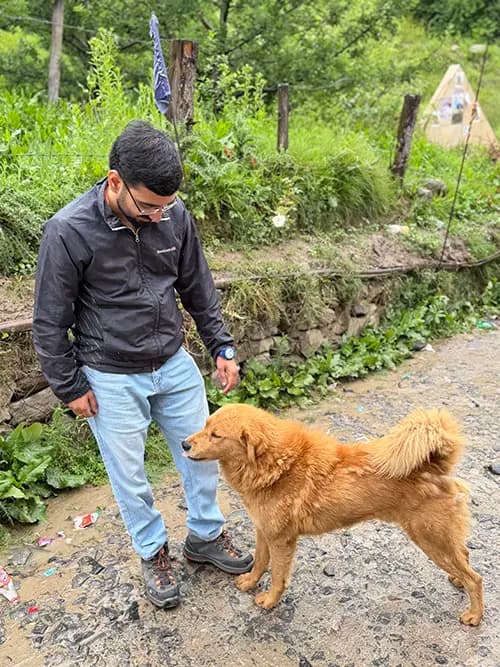 Dr. Yashasvi Verma standing outdoors with a brown dog